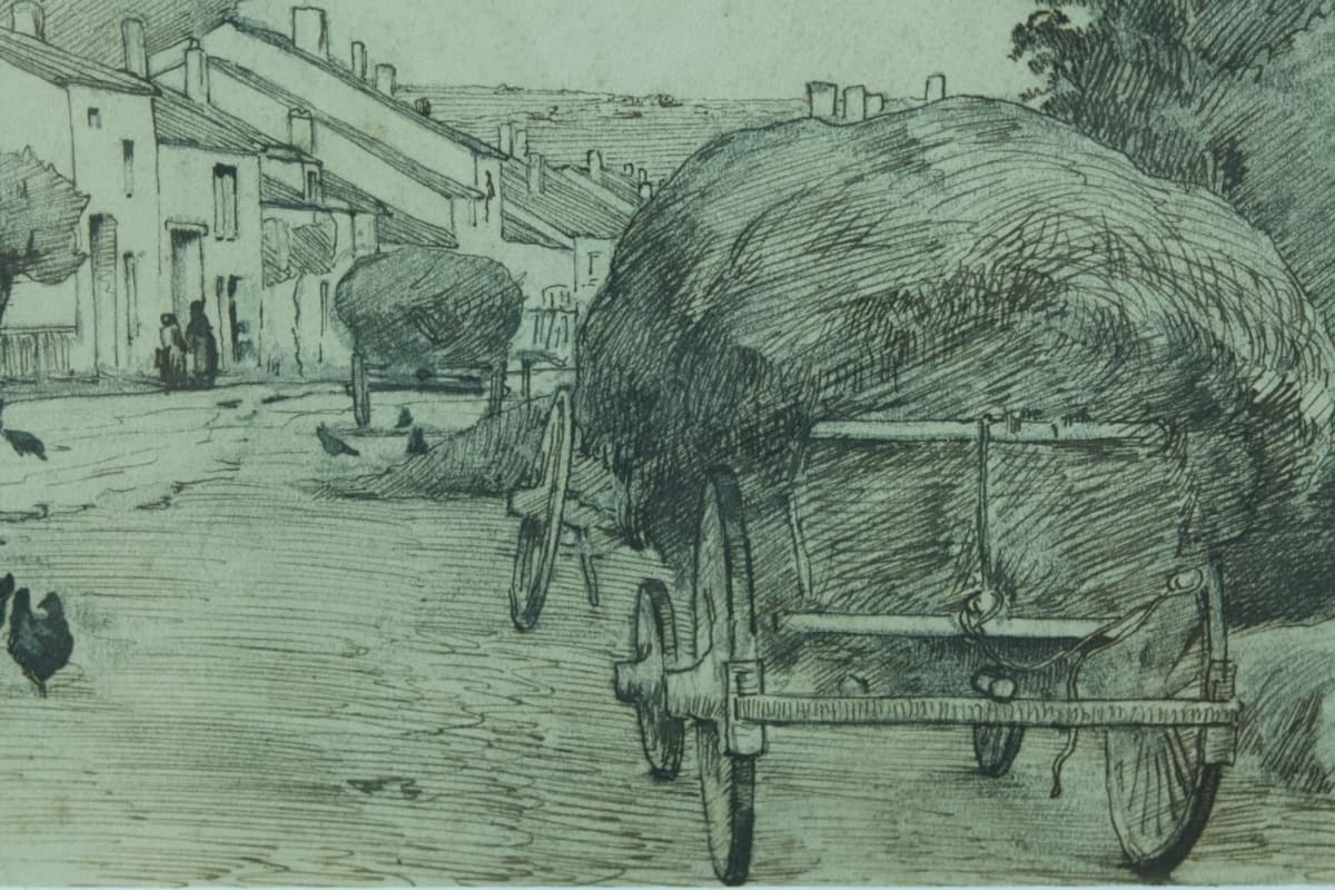 Ancien dessin Gabriel Guerin Bourbonne-les-Bains vue animé meules village 1900 - Image 1