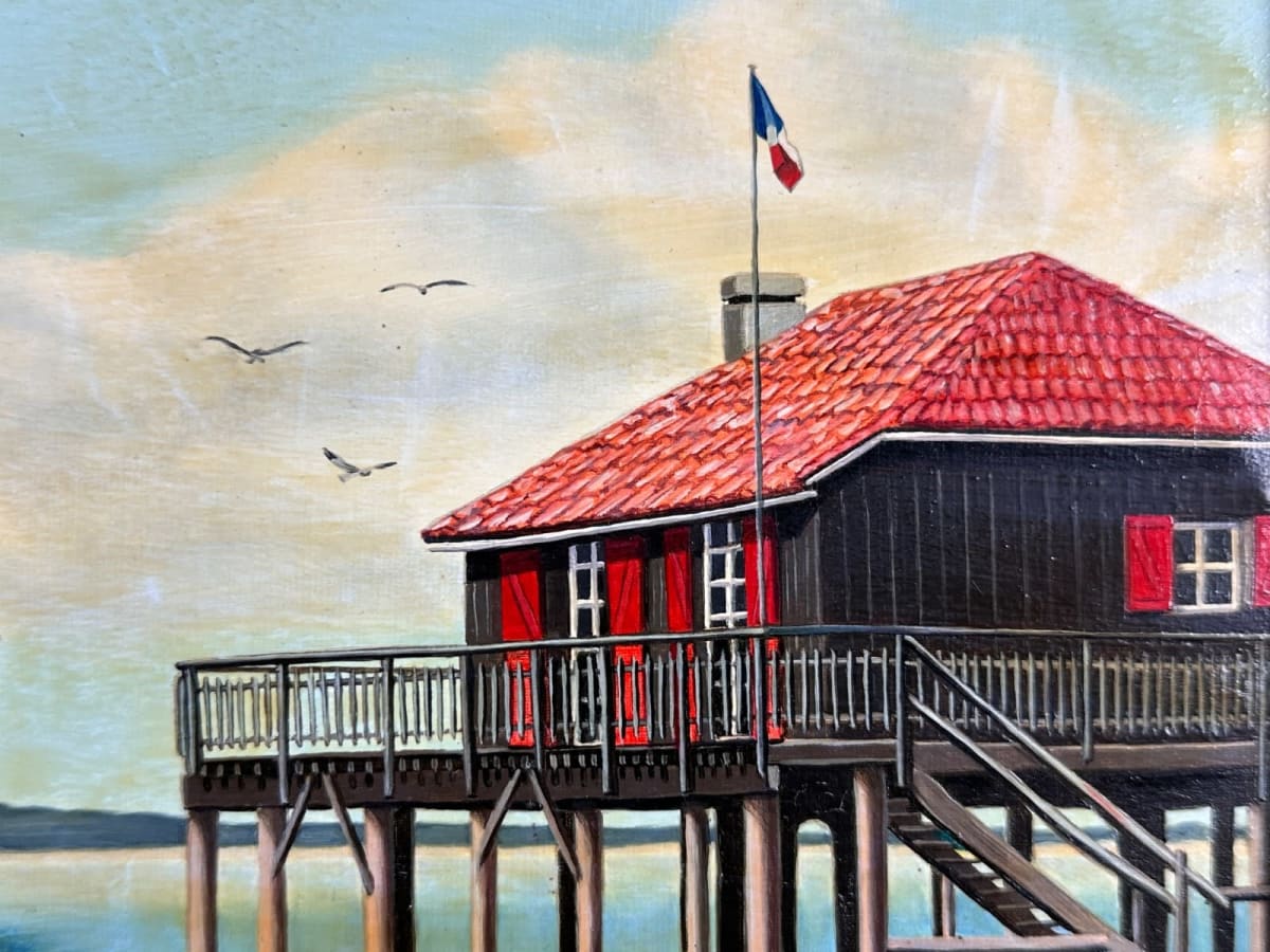 Ancien tableau marine bateaux les Cabannes ponton Le Cap Ferret signé HST - Image 1