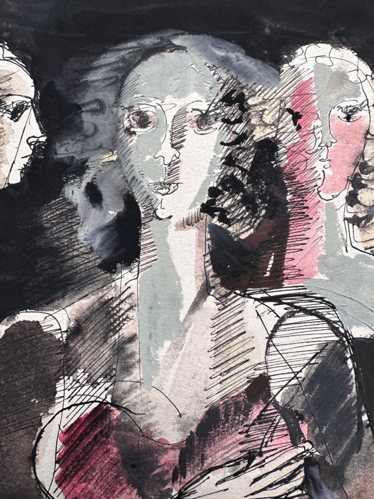 Beau dessin moderne Jean-Claude Bedard Pau portrait trois femmes 1957 - Image 1