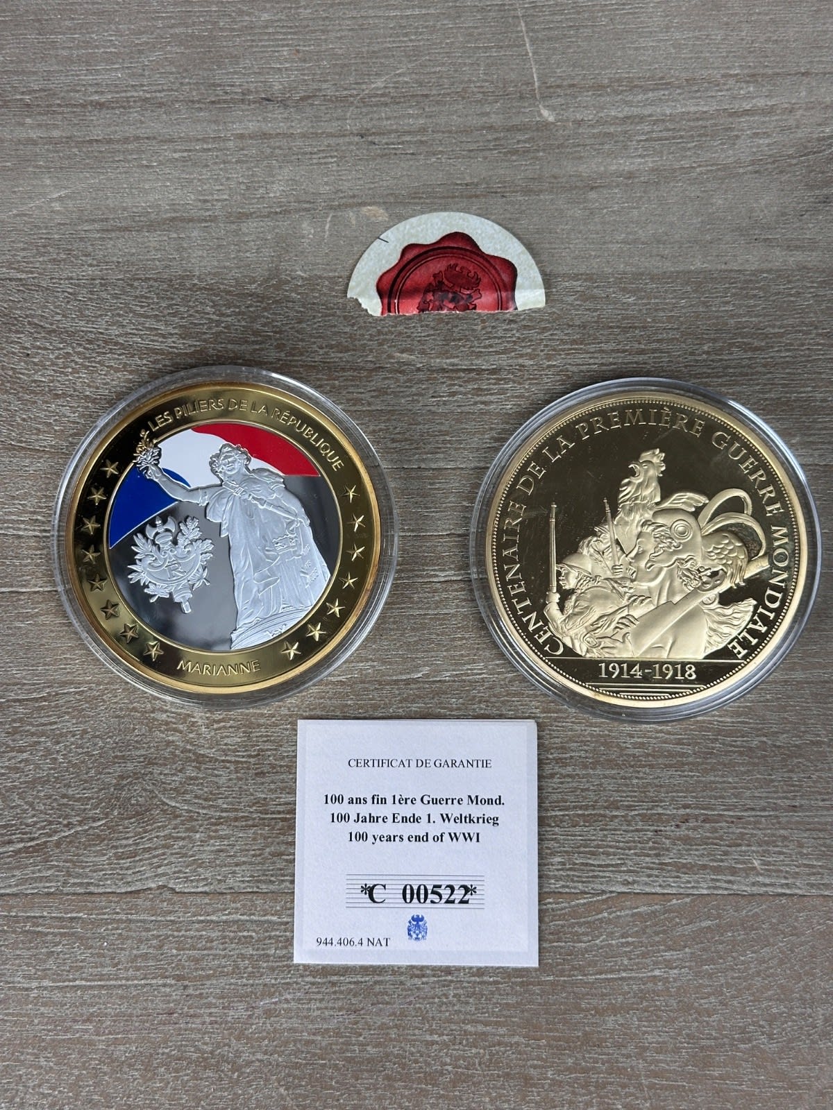 Lot 2 médailles 7 cm – Centenaire 14-18 Marianne République bronze certificat - Image 1