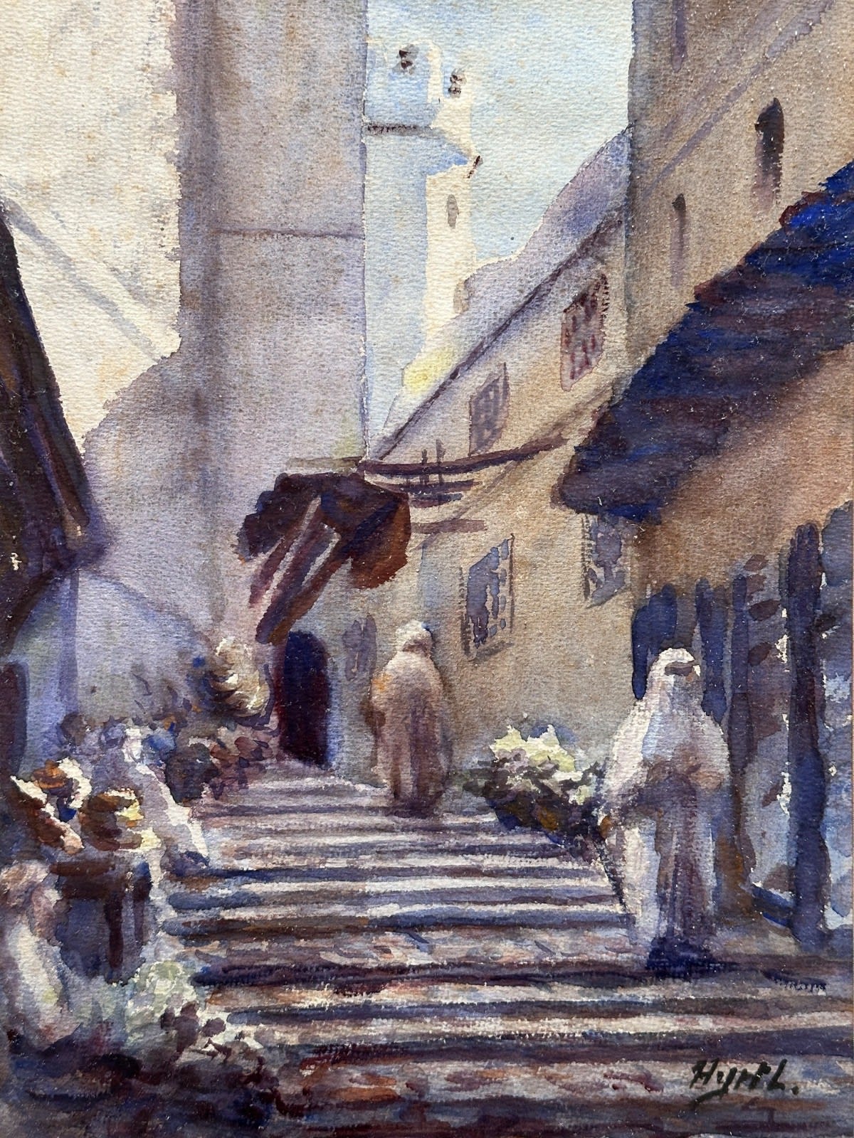 Ancien tableau école orientaliste Maroc Casablanca Médina Minaret animé signé - Image 1