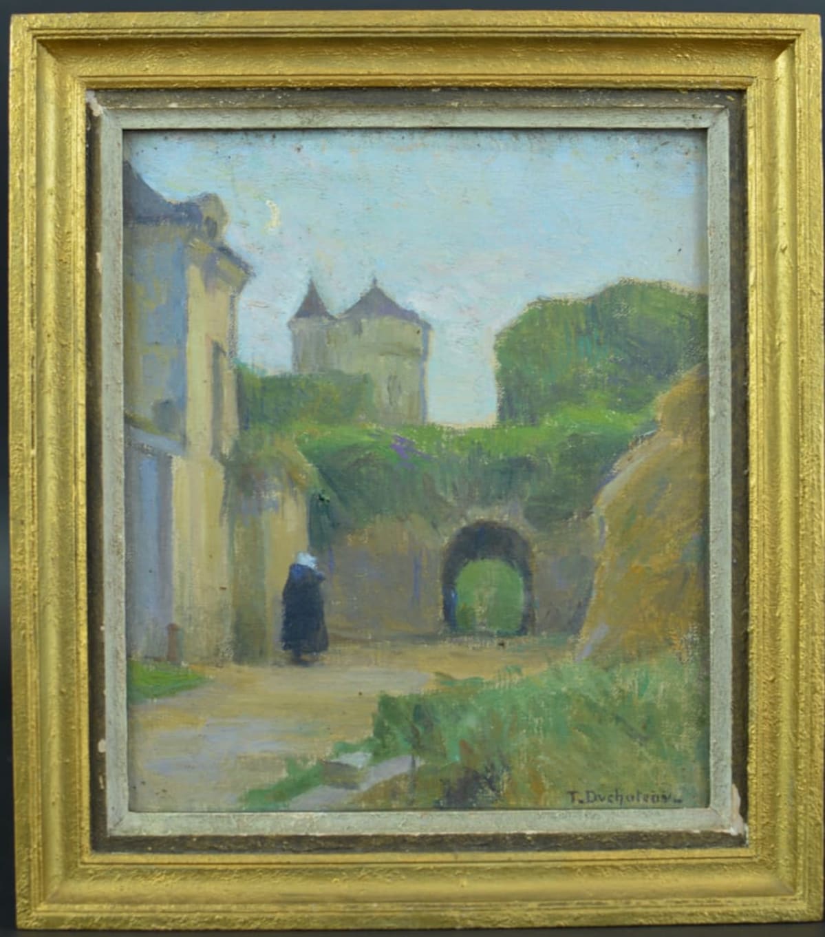 Tableau ancien paysage animé château La Voute Casemate Marie-Thérèse Duchateau - Image 1