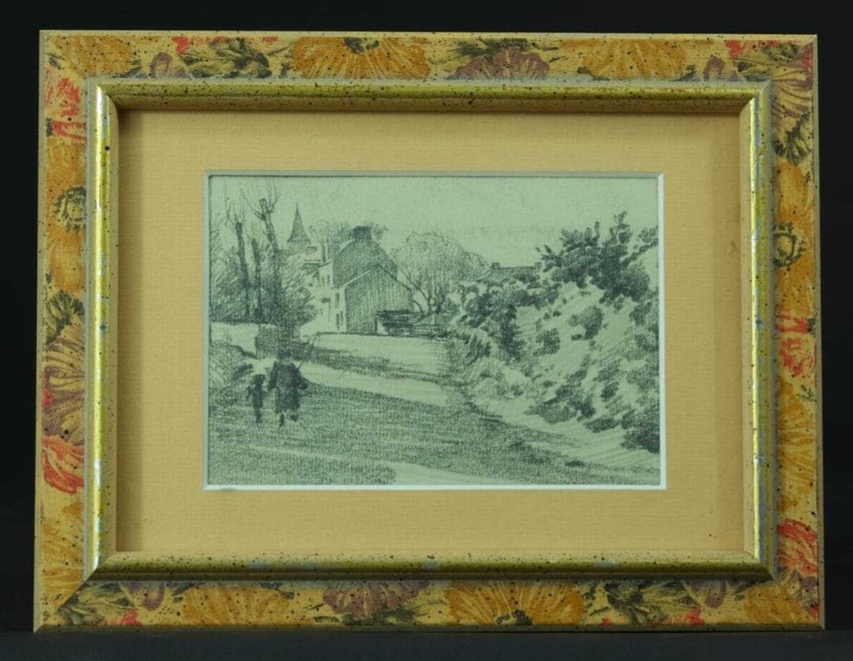 Ancien dessin Gabriel Guerin Bourbonne-les-Bains vue animé route village 1900 - Image 1