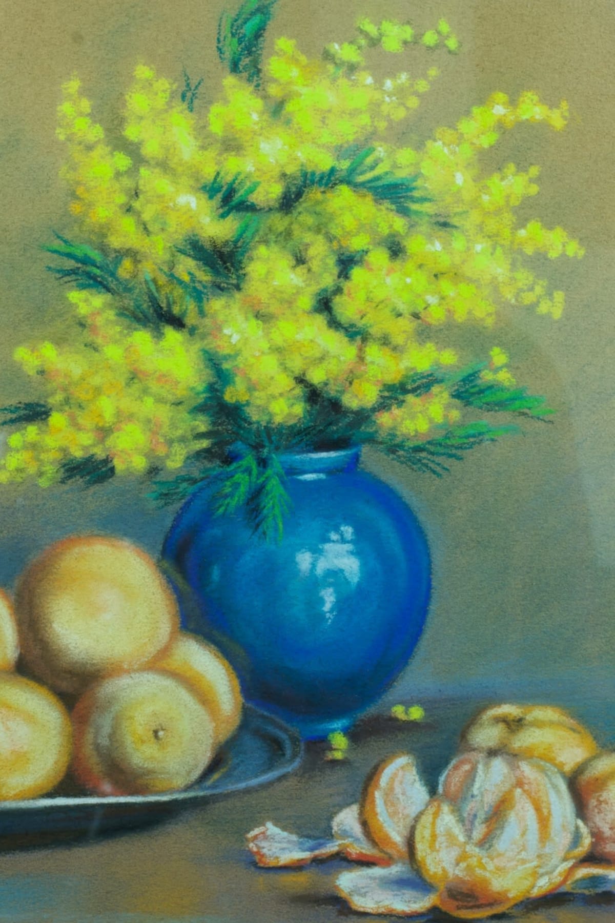 Tableau ancien nature morte bouquet de mimosas vase boule Clémentine Dorbritz 30 - Image 1