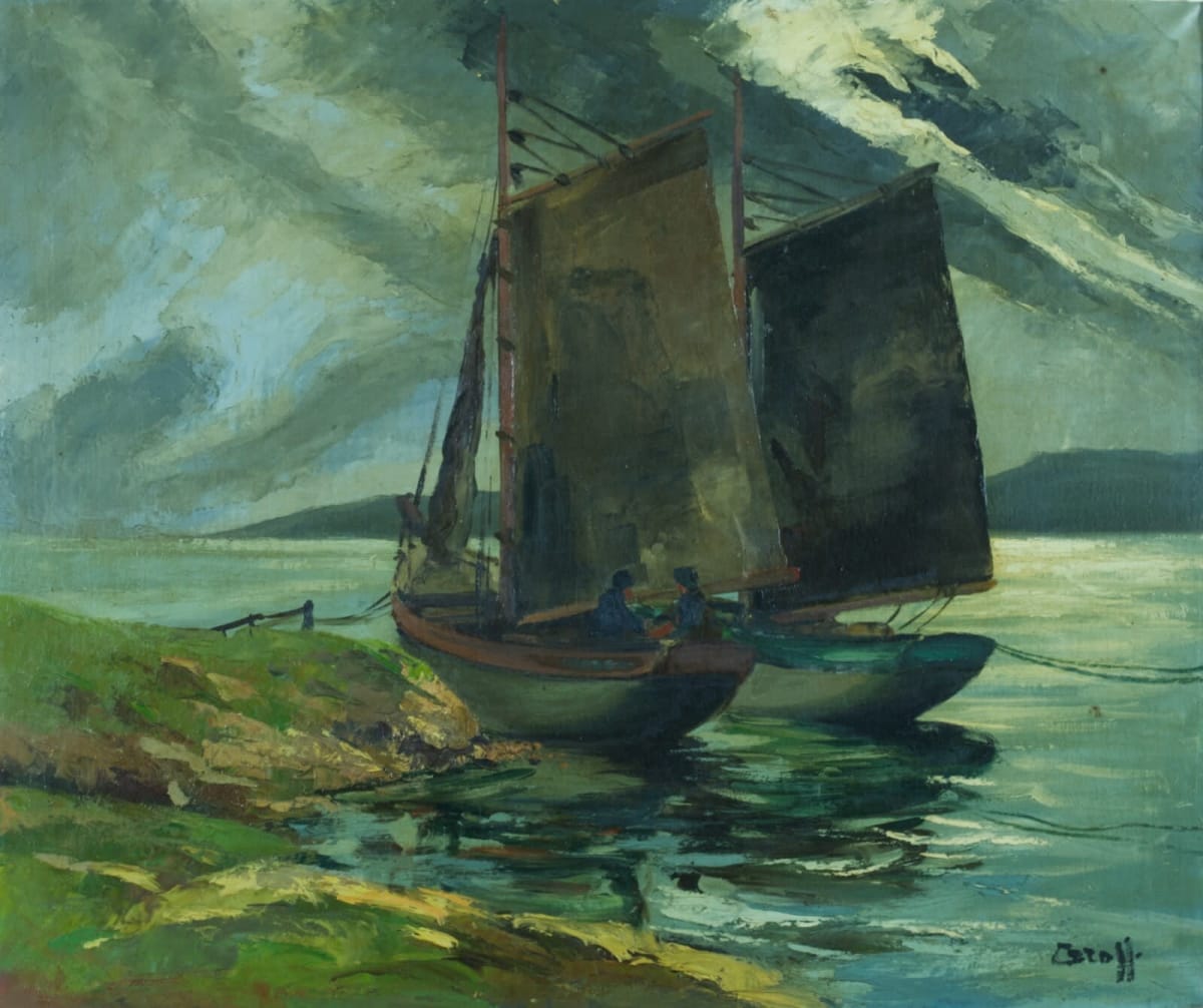 Ancien tableau marine voiliers bord de côte animé crépuscule ciel 1930 S. Gross - Image 1