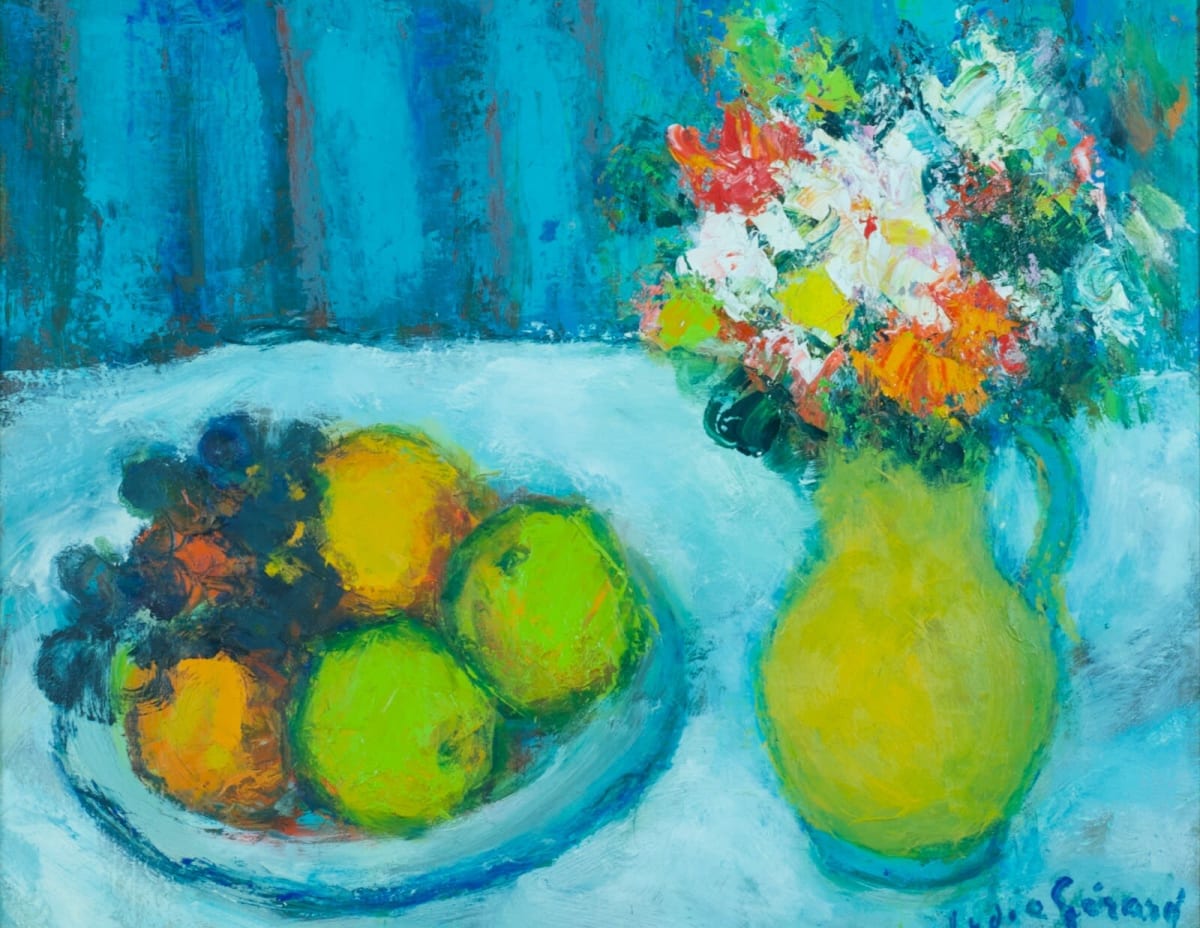 Tableau ancien nature morte impressionniste fleurs et fruits Lydie Gérard HST - Image 1