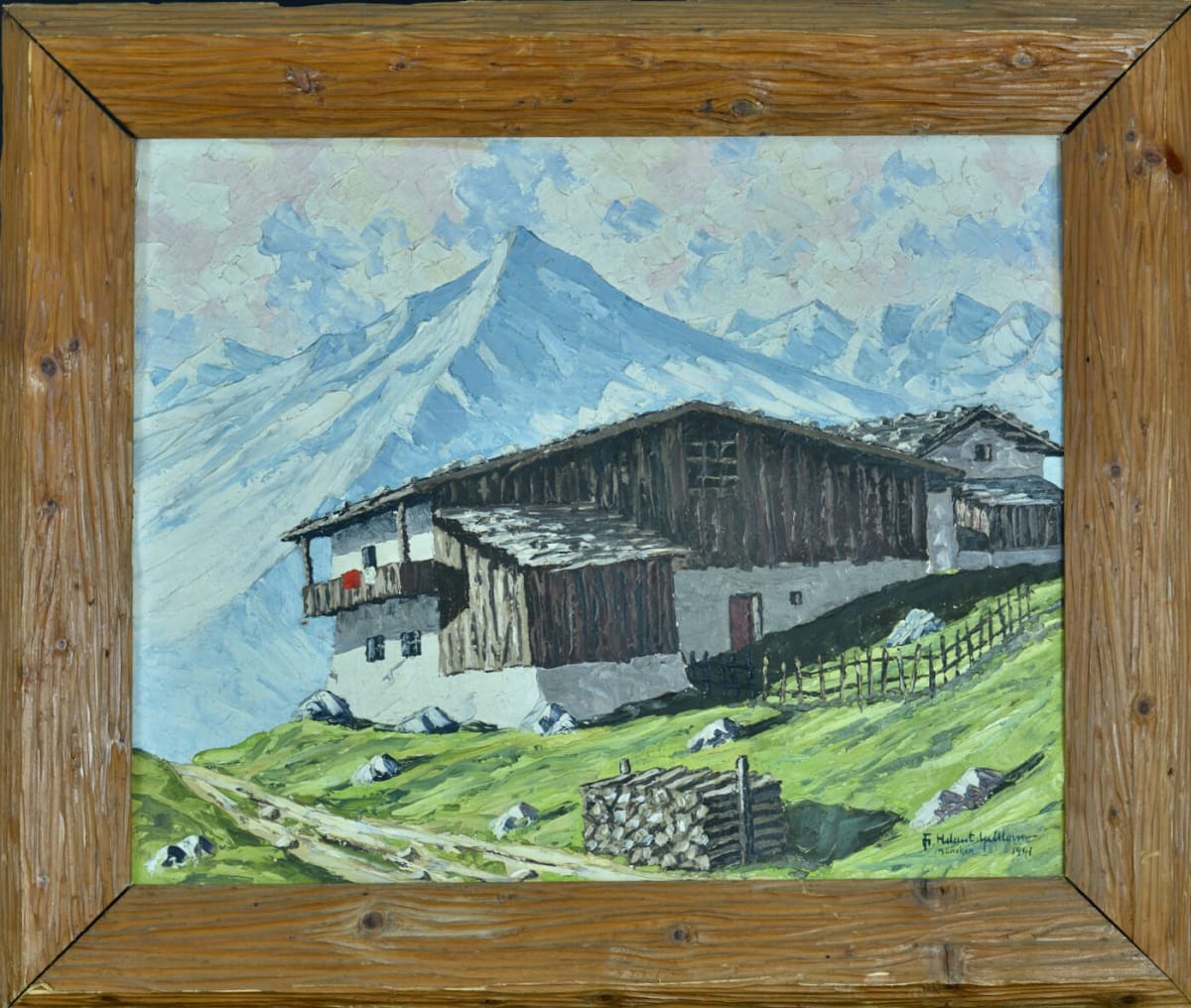 Grand tableau ancien paysage montagne chalet bois cadre trompe l'oeil Alpes - Image 1
