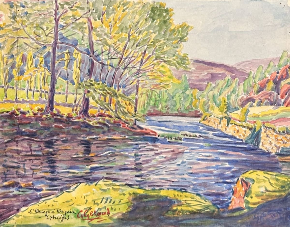 Ancienne aquarelle école pyrénéenne rivière à Orgeix l'Ariège 1920 lumière - Image 1
