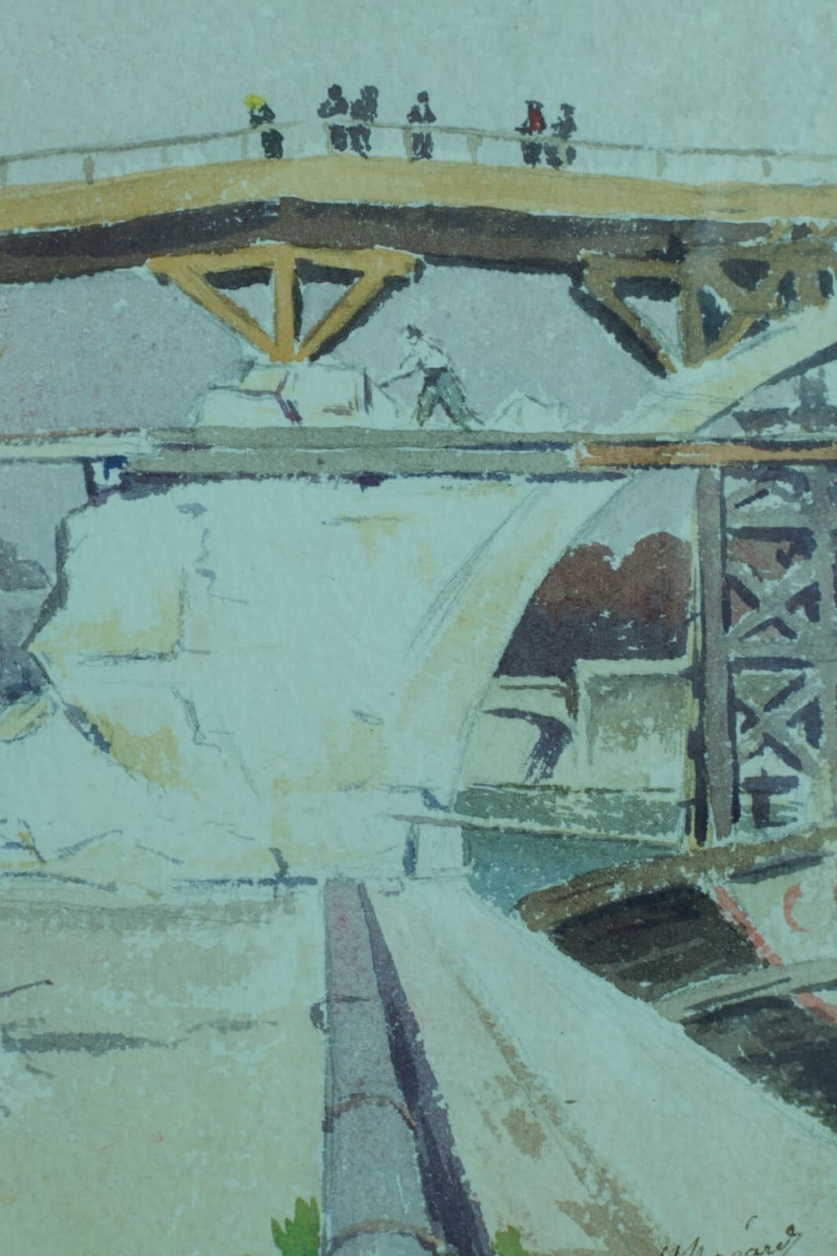 Ancien dessin paysage portrait promeneur travaux pont Paris Seine Henri Bréard - Image 1