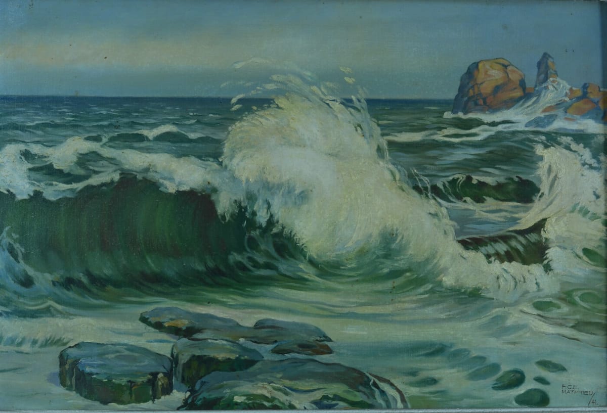 Tableau ancien paysage maritime bord de mer vague Bretagne marine signé Mathieu - Image 1