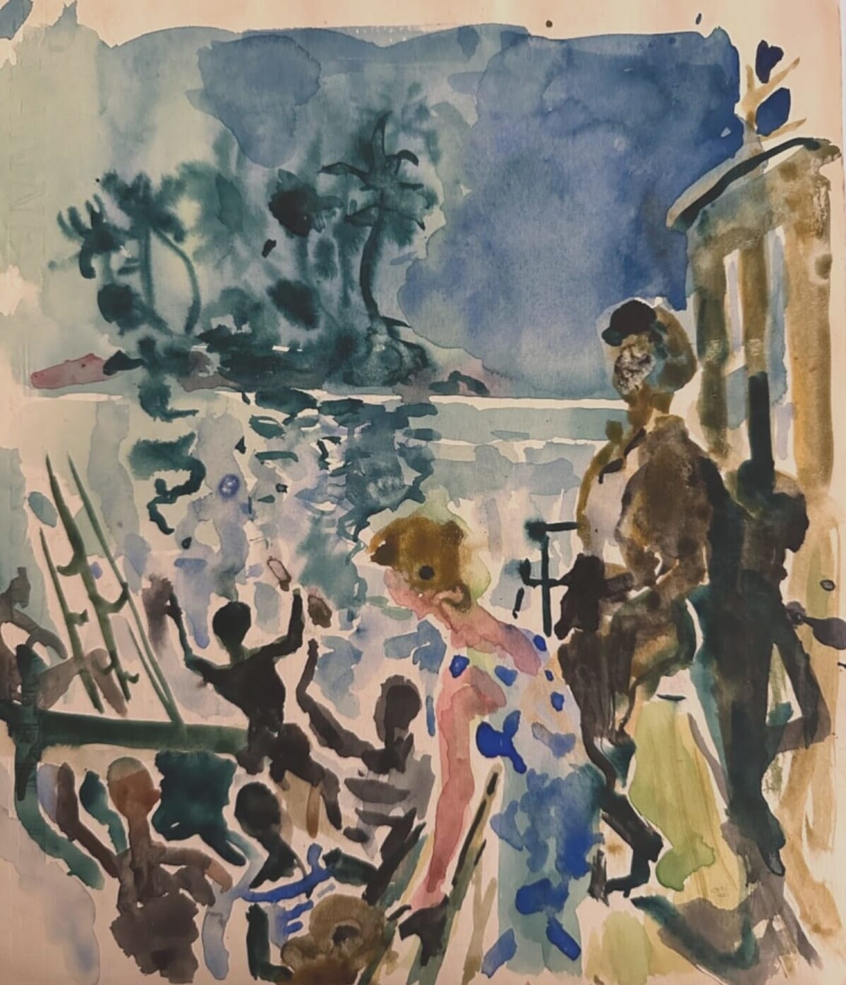 Ancien dessin nocturne fête bateau île illustration Jean Terles Art Déco - Image 1