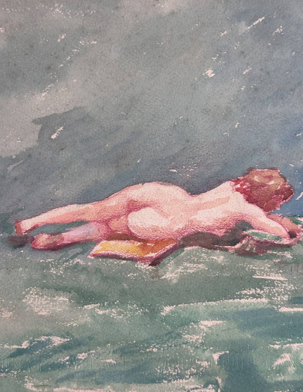 Ancienne aquarelle portrait de jeune femme, nue, allongée dans un paysage 1920 - Image 1