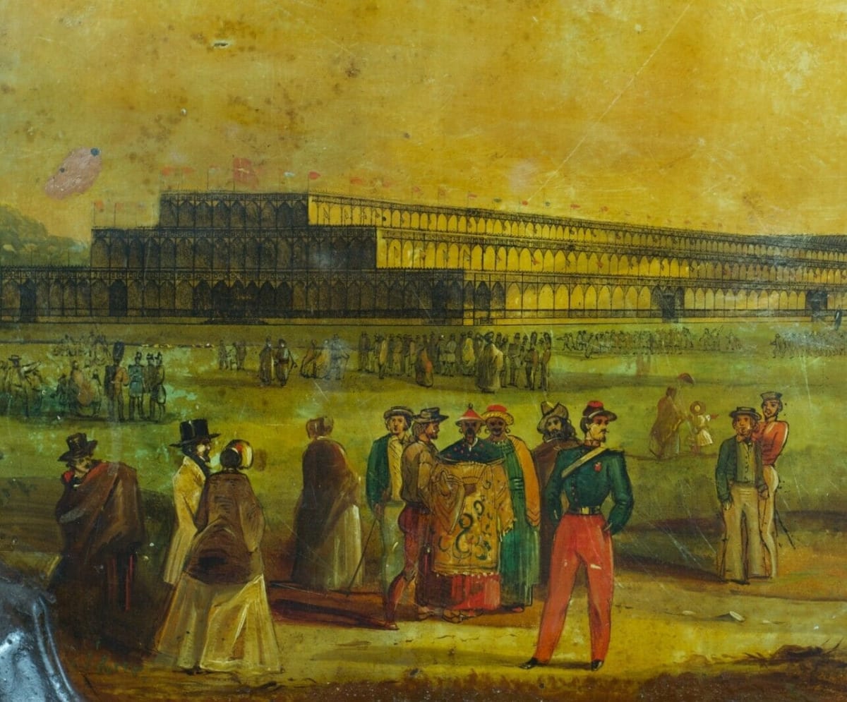 Ancien tableau peint tôle Exposition Universelle XIXe Chine Voyage Londres - Image 1