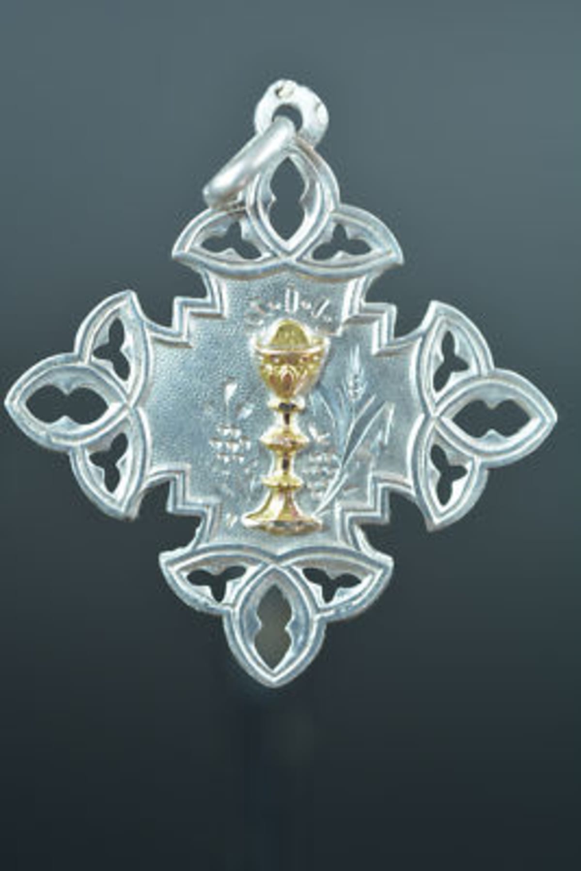 19thc religious communion medal pendant silver 18k gold chalice - Image 1