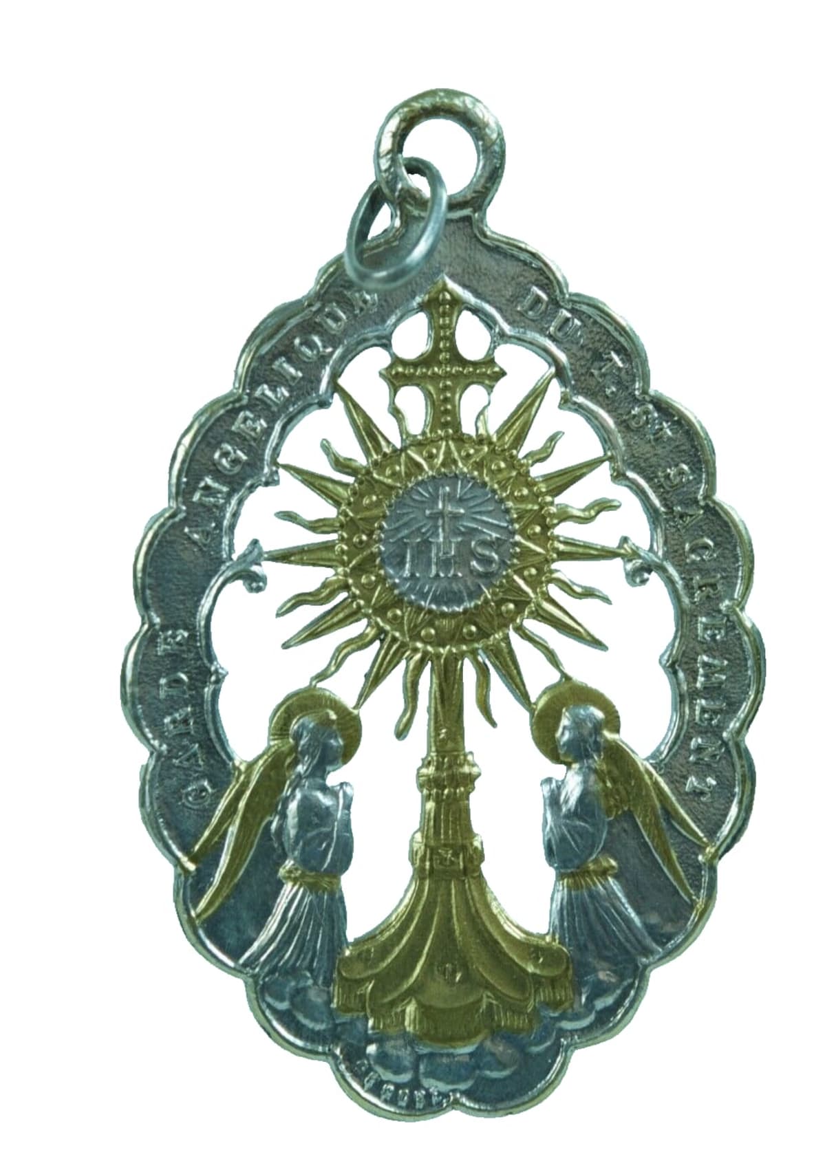Antique bronze religious medal pendant Guardian angel of the Most Holy Sacrament - Image 1