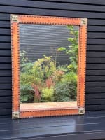 Ancien miroir glace vintage design Otto Schulz cuir clou laiton Boet scandinave - Miniature 5