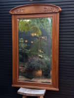 Grand miroir époque Art Nouveau bois sculpté Campanules Architecture 1900 154cm - Miniature 3