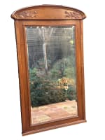 Grand miroir époque Art Nouveau bois sculpté Campanules Architecture 1900 154cm - Miniature 8