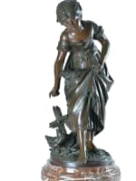Grand bronze ancien portrait femme la fermière poussins Auguste Moreau XIXe 68 cm - Miniature 1