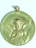 Grande médaille religieuse bronze doré art déco medal large ange nuage Lejiel - Miniature 1