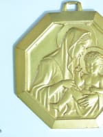 Grande médaille religieuse bronze doré art déco Hochard Vierge Marie Jésus - Miniature 1