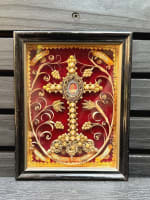 Antique multi reliquary True Cross St Thomas St Catherine frame French nun work - Miniature 12