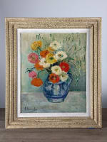 Tableau ancien art déco bouquet de fleurs pavots signé Lacombe cadre gradin - Miniature 1
