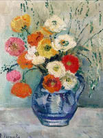 Tableau ancien art déco bouquet de fleurs pavots signé Lacombe cadre gradin - Miniature 2