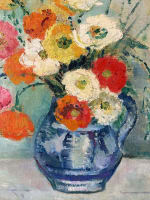 Tableau ancien art déco bouquet de fleurs pavots signé Lacombe cadre gradin - Miniature 3