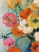 Tableau ancien art déco bouquet de fleurs pavots signé Lacombe cadre gradin - Miniature 4