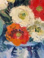 Tableau ancien art déco bouquet de fleurs pavots signé Lacombe cadre gradin - Miniature 5