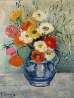 Tableau ancien art déco bouquet de fleurs pavots signé Lacombe cadre gradin - Miniature 9