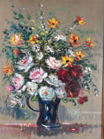 Grand tableaux ancien bouquet de roses pichet bleu expressionniste 1950 Paris - Miniature 3