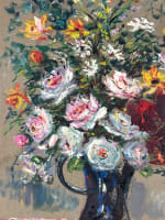 Grand tableaux ancien bouquet de roses pichet bleu expressionniste 1950 Paris - Miniature 4