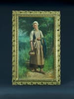 Ancien tableau portrait jeune paysanne normande paysage bord de mer sv Feyen - Miniature 1
