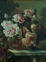 Tableau ancien bouquet de roses panier marbre paysage signé Boucher Lyon XIXe - Miniature 3