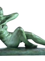 Grande statue art déco portrait de jeune femme nue Merval 85 cm terre cuite - Miniature 2