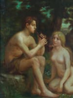 Tableau ancien portrait femme homme nu pastorale Arcadie A.J Boisson Nîmes XIXe - Miniature 5