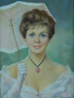 Ancien tableau portrait jeune femme à l'ombrelle et collier camée Jac Dum pastel - Miniature 1