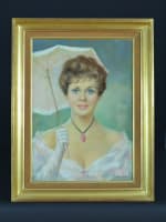 Ancien tableau portrait jeune femme à l'ombrelle et collier camée Jac Dum pastel - Miniature 2