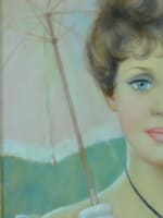 Ancien tableau portrait jeune femme à l'ombrelle et collier camée Jac Dum pastel - Miniature 3