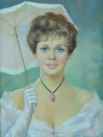 Ancien tableau portrait jeune femme à l'ombrelle et collier camée Jac Dum pastel - Miniature 6