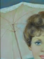 Ancien tableau portrait jeune femme à l'ombrelle et collier camée Jac Dum pastel - Miniature 8