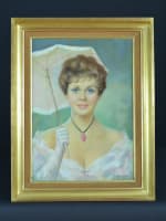 Ancien tableau portrait jeune femme à l'ombrelle et collier camée Jac Dum pastel - Miniature 11