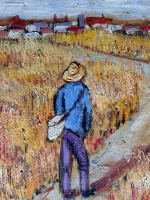 Tableau ancien impressionniste Alcaraz portrait homme champ de blé Van Gogh XXe - Miniature 3