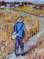 Tableau ancien impressionniste Alcaraz portrait homme champ de blé Van Gogh XXe - Miniature 7