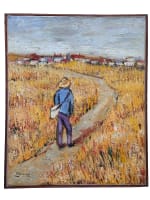 Tableau ancien impressionniste Alcaraz portrait homme champ de blé Van Gogh XXe - Miniature 11