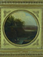 Ancien tableau paysage promeneur barque château école française 18e suiv Bidauld - Miniature 1