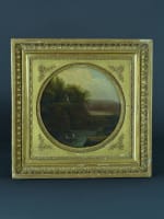 Ancien tableau paysage promeneur barque château école française 18e suiv Bidauld - Miniature 2