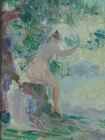 Ancien tableau portrait femme nue nymphe trois grâces au bain Louis Delfau - Miniature 2